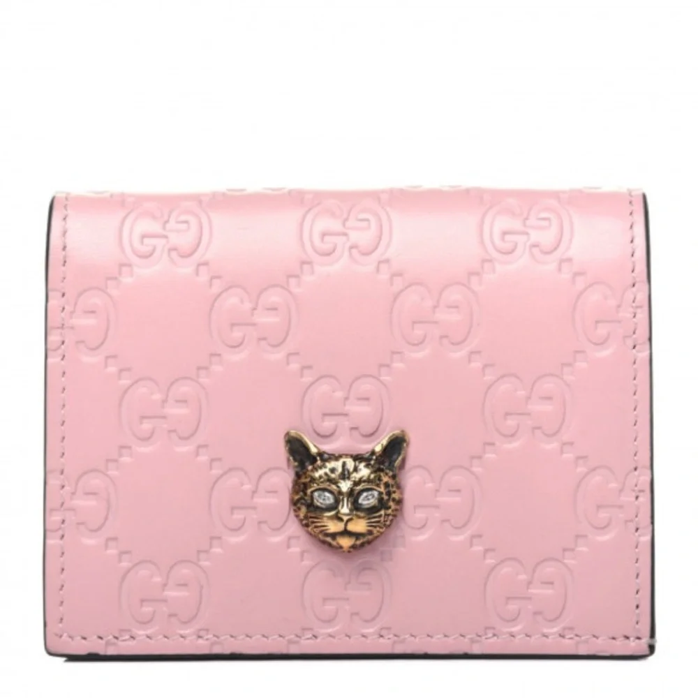 💖GUCCI Guccissima Signature Crystal Cat Card Case Wallet Light Candy Pink